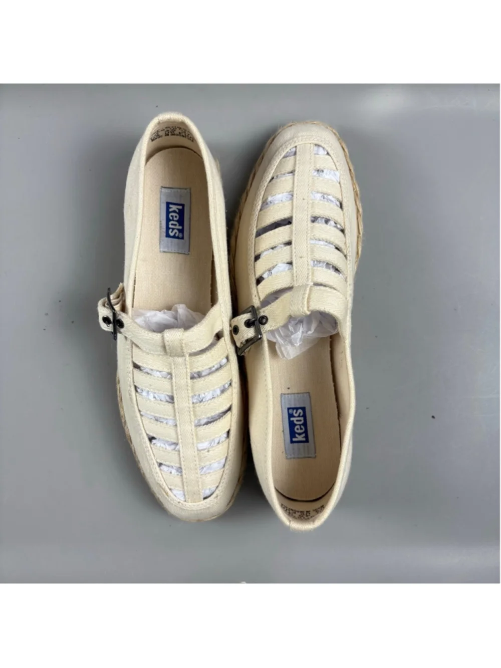 Keds Mary Jane Espadrille Flats Womens 7 Cream Canvas Buckle Vintage